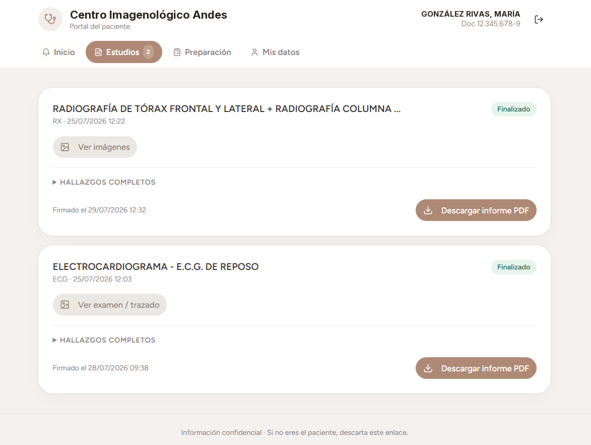 Portal del paciente de Lumina RISPAC con informes e imágenes